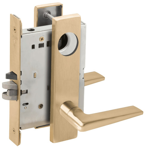 L9080L-05L-606-RX Schlage L Series Less Cylinder Storeroom Commercial - Request to Exit Mortise Lock with 05 Cast Lever Design in Satin Brass