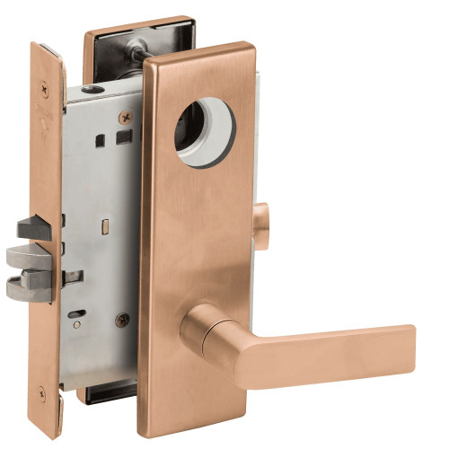 L9080L-01N-612-LX Schlage L Series Less Cylinder Storeroom Commercial - Latchbolt Monitor Mortise Lock with 01 Cast Lever Design in Satin Bronze