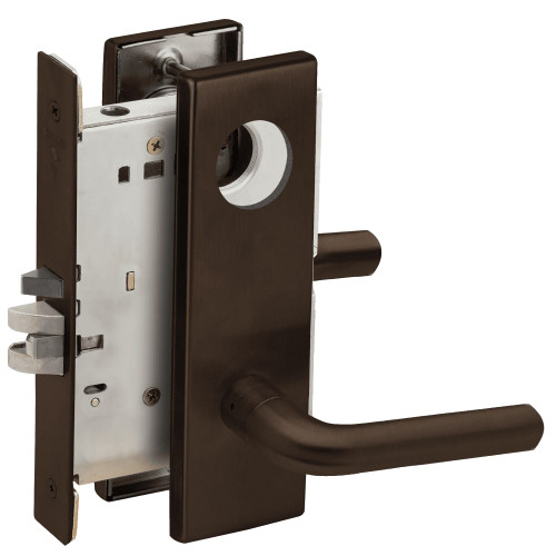 L9080L-02N-613-LX Schlage L Series Less Cylinder Storeroom Commercial - Latchbolt Monitor Mortise Lock with 02 Cast Lever Design in Oil Rubbed Bronze