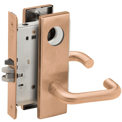 L9080L-03N-612-LX Schlage L Series Less Cylinder Storeroom Commercial - Latchbolt Monitor Mortise Lock with 03 Cast Lever Design in Satin Bronze