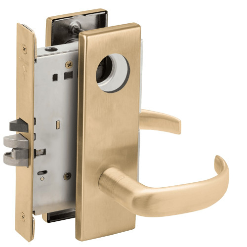 L9080L-17N-606-LX Schlage L Series Less Cylinder Storeroom Commercial - Latchbolt Monitor Mortise Lock with 17 Cast Lever Design in Satin Brass