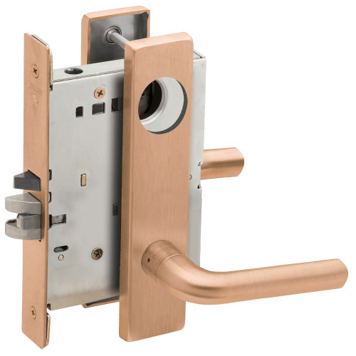 L9080L-02L-612-LX Schlage L Series Less Cylinder Storeroom Commercial - Latchbolt Monitor Mortise Lock with 02 Cast Lever Design in Satin Bronze