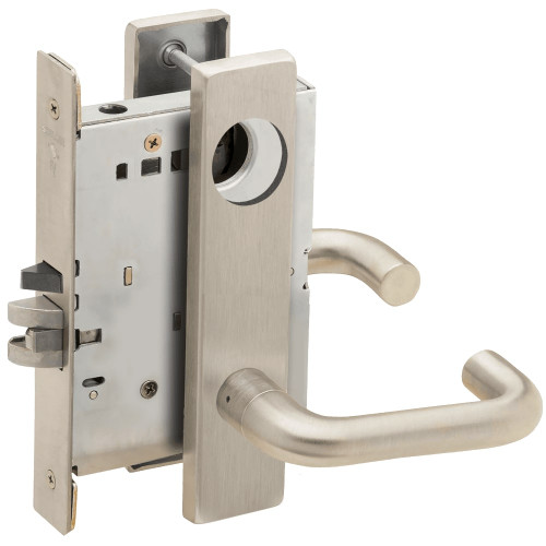 L9080L-03L-619-LX Schlage L Series Less Cylinder Storeroom Commercial - Latchbolt Monitor Mortise Lock with 03 Cast Lever Design in Satin Nickel