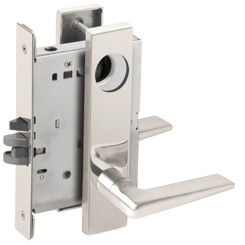 L9080L-05L-625-LX Schlage L Series Less Cylinder Storeroom Commercial - Latchbolt Monitor Mortise Lock with 05 Cast Lever Design in Bright Chrome