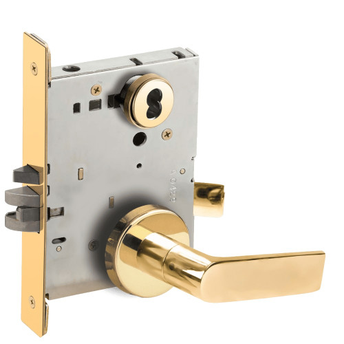 L9080J-01B-605-LX Schlage L Series Storeroom Commercial - Latchbolt Monitor Mortise Lock with 01 Cast Lever Design Prepped for FSIC in Bright Brass