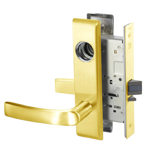 MOCN8822FL-605-SFICLC Yale 8800FL Series Single Cylinder with Deadbolt Mortise Bathroom Lock with Indicator with Monroe Lever Lock Prepped SFIC in Bright Brass