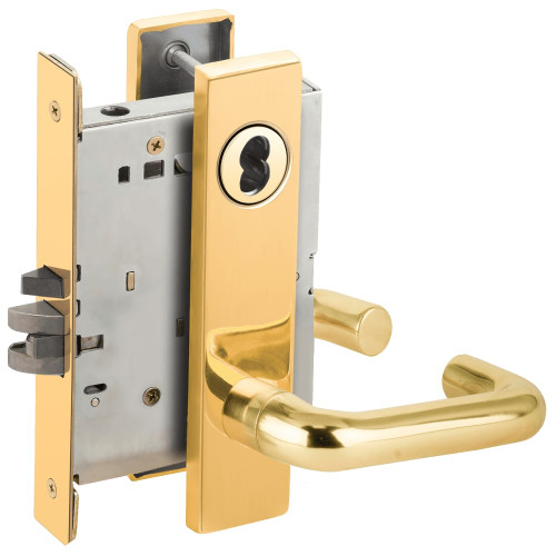 L9080J-03L-605-LX Schlage L Series Storeroom Commercial - Latchbolt Monitor Mortise Lock with 03 Cast Lever Design Prepped for FSIC in Bright Brass