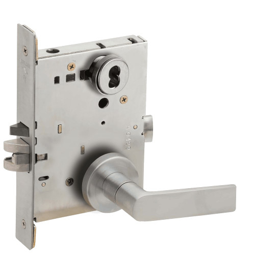 L9080B-01A-630-LX Schlage L Series Storeroom Commercial - Latchbolt Monitor Mortise Lock with 01 Cast Lever Design Prepped for SFIC in Satin Stainless Steel