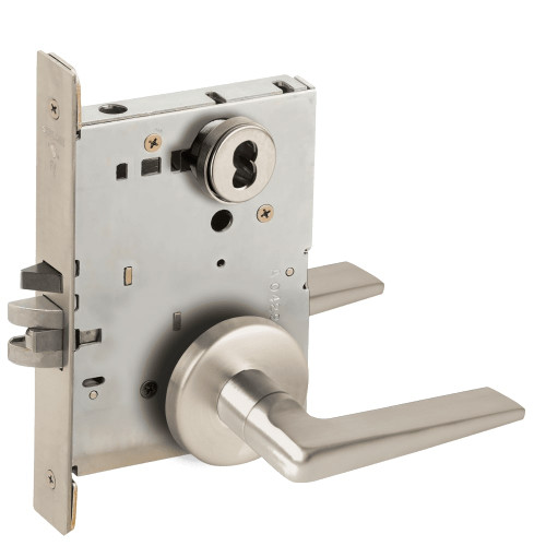 L9080B-05B-619-LX Schlage L Series Storeroom Commercial - Latchbolt Monitor Mortise Lock with 05 Cast Lever Design Prepped for SFIC in Satin Nickel