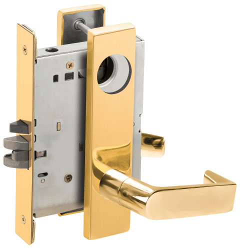 L9070L-06L-605-RX Schlage L Series Less Cylinder Classroom Commercial - Request to Exit Mortise Lock with 06 Cast Lever Design in Bright Brass