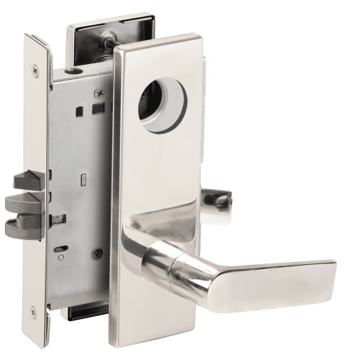 L9070L-01N-629-LX Schlage L Series Less Cylinder Classroom Commercial - Latchbolt Monitor Mortise Lock with 01 Cast Lever Design in Bright Stainless Steel