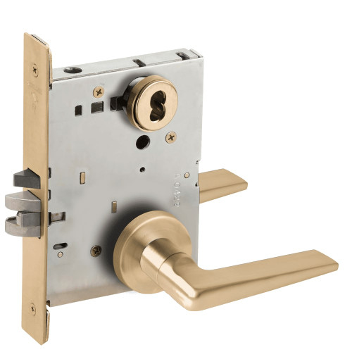 L9070J-05A-606-LX Schlage L Series Classroom Commercial - Latchbolt Monitor Mortise Lock with 05 Cast Lever Design Prepped for FSIC in Satin Brass