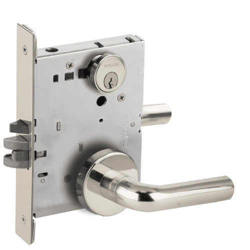 L9076P-02B-629 Schlage L Series Classroom Holdback Mortise Lock with 02 Cast Lever Design in Bright Stainless Steel