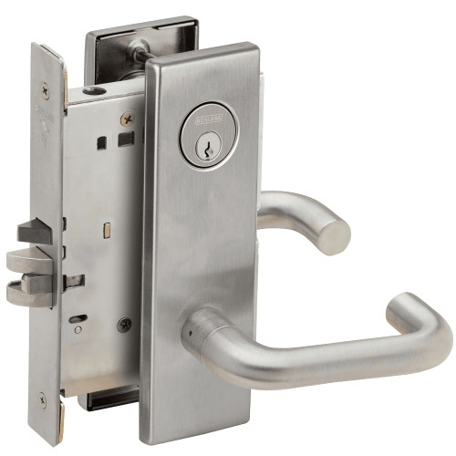 L9076P-03N-630 Schlage L Series Classroom Holdback Mortise Lock with 03 Cast Lever Design in Satin Stainless Steel