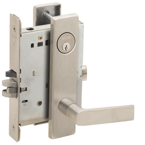 L9076P-01L-619 Schlage L Series Classroom Holdback Mortise Lock with 01 Cast Lever Design in Satin Nickel