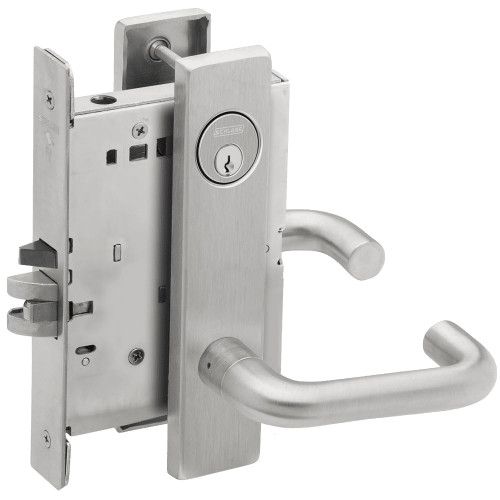 L9076P-03L-626 Schlage L Series Classroom Holdback Mortise Lock with 03 Cast Lever Design in Satin Chrome