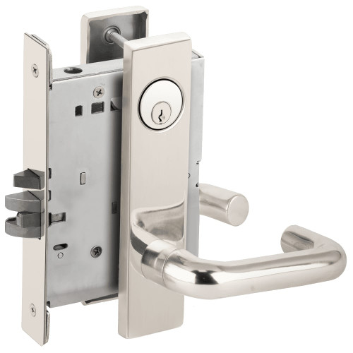L9076P-03L-629 Schlage L Series Classroom Holdback Mortise Lock with 03 Cast Lever Design in Bright Stainless Steel