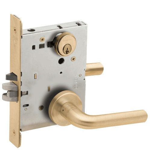 L9076P-02A-606-RX Schlage L Series Classroom Holdback - Request to Exit Mortise Lock with 02 Cast Lever Design in Satin Brass