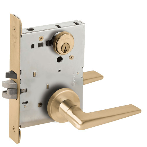 L9076P-05A-606-RX Schlage L Series Classroom Holdback - Request to Exit Mortise Lock with 05 Cast Lever Design in Satin Brass