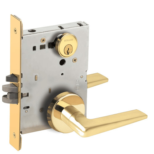 L9076P-05B-605-RX Schlage L Series Classroom Holdback - Request to Exit Mortise Lock with 05 Cast Lever Design in Bright Brass