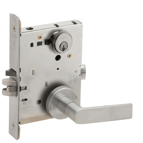 L9076P-01A-630-LX Schlage L Series Classroom Holdback - Latchbolt Monitor Mortise Lock with 01 Cast Lever Design in Satin Stainless Steel