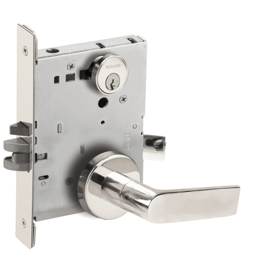 L9076P-01B-625-LX Schlage L Series Classroom Holdback - Latchbolt Monitor Mortise Lock with 01 Cast Lever Design in Bright Chrome