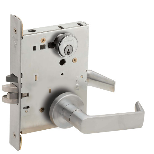 L9076P-06A-630-LX Schlage L Series Classroom Holdback - Latchbolt Monitor Mortise Lock with 06 Cast Lever Design in Satin Stainless Steel