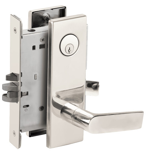 L9076P-01N-629 Schlage L Series Classroom Holdback - Request to Exit Mortise Lock with 01 Cast Lever Design in Bright Stainless Steel