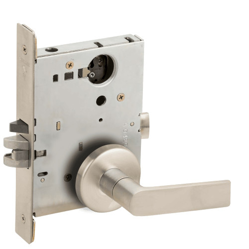L9076L-01B-619-LX Schlage L Series Less Cylinder Classroom Holdback - Latchbolt Monitor Lock with 01 Cast Lever Design in Satin Nickel