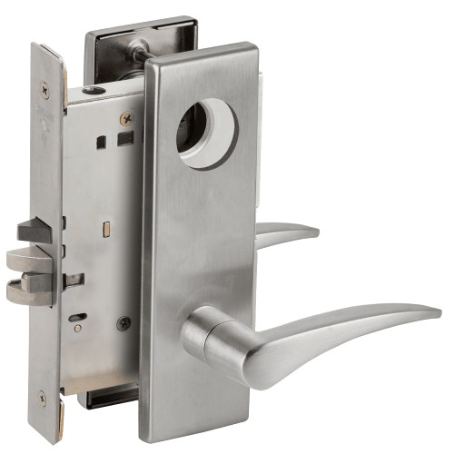 L9076L-12N-630-RH-RX Schlage L Series Less Cylinder Classroom Holdback - Request to Exit Mortise Lock with 12 Cast Lever Design in Satin Stainless Steel