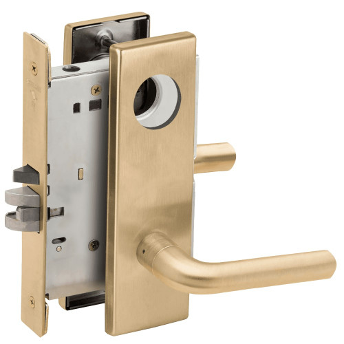 L9076L-02N-606-LX Schlage L Series Less Cylinder Classroom Holdback - Latchbolt Monitor Mortise Lock with 02 Cast Lever Design in Satin Brass