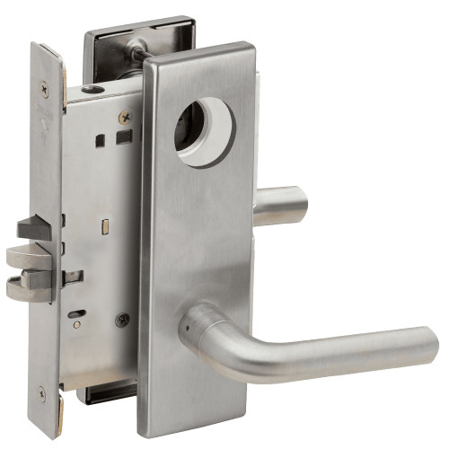 L9076L-02N-630-LX Schlage L Series Less Cylinder Classroom Holdback - Latchbolt Monitor Mortise Lock with 02 Cast Lever Design in Satin Stainless Steel