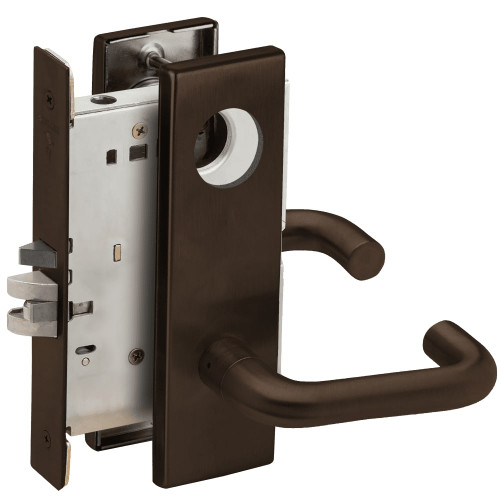 L9076L-03N-613-LX Schlage L Series Less Cylinder Classroom Holdback - Latchbolt Monitor Mortise Lock with 03 Cast Lever Design in Oil Rubbed Bronze