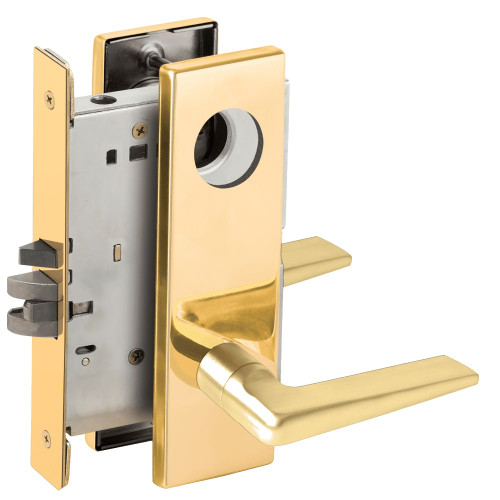 L9076L-05N-605-LX Schlage L Series Less Cylinder Classroom Holdback - Latchbolt Monitor Mortise Lock with 05 Cast Lever Design in Bright Brass