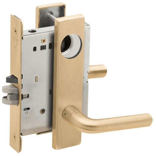 L9076L-02L-606-LX Schlage L Series Less Cylinder Classroom Holdback - Latchbolt Monitor Mortise Lock with 02 Cast Lever Design in Satin Brass
