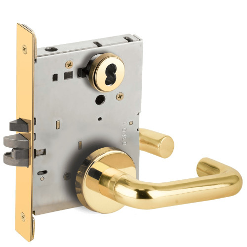 L9076J-03B-605-LX Schlage L Series Classroom Holdback - Latchbolt Monitor Mortise Lock with 03 Cast Lever Design Prepped for FSIC in Bright Brass