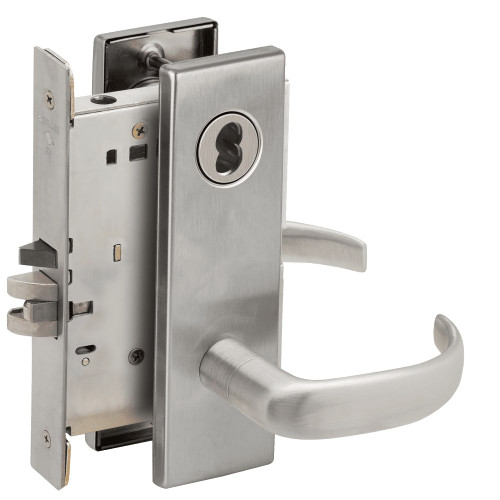 L9076J-17N-630-LX Schlage L Series Classroom Holdback - Latchbolt Monitor Mortise Lock with 17 Cast Lever Design Prepped for FSIC in Satin Stainless Steel