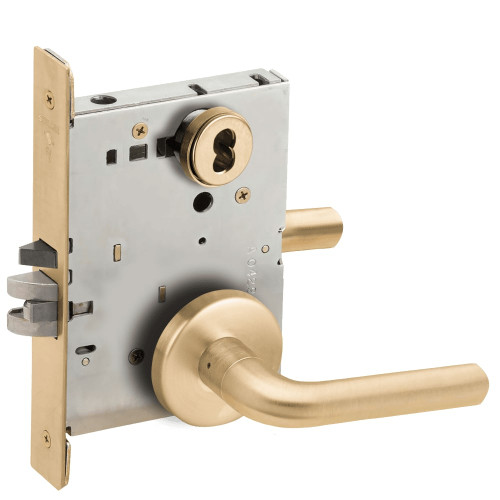 L9076B-02B-606 Schlage L Series Classroom Holdback Mortise Lock with 02 Cast Lever Design Prepped for SFIC in Satin Brass L9076B-02B-606 Schlage L Series Classroom Holdback Mortise Lock with 02 Cast Lever Design Prepped for SFIC in Satin Brass