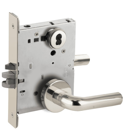 L9076B-02A-629-RX Schlage L Series Classroom Holdback - Request to Exit Mortise Lock with 02 Cast Lever Design Prepped for SFIC in Bright Stainless Steel