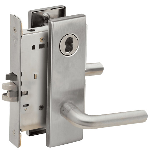 L9076B-02N-626-RX Schlage L Series Classroom Holdback - Request to Exit Mortise Lock with 02 Cast Lever Design Prepped for SFIC in Satin Chrome