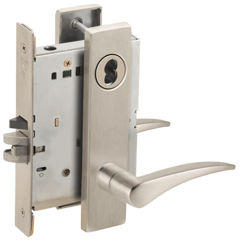 L9076B-12L-619-LH Schlage L Series Classroom Holdback Mortise Lock with 12 Cast Lever Design Prepped for SFIC in Satin Nickel