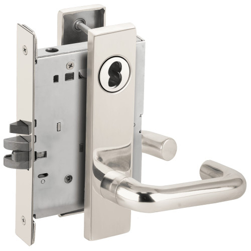 L9076B-03L-629-RX Schlage L Series Classroom Holdback - Request to Exit Mortise Lock with 03 Cast Lever Design Prepped for SFIC in Bright Stainless Steel
