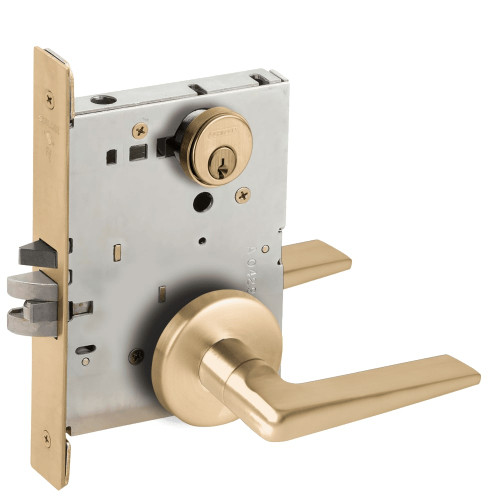 LV9070P-05B-606-RX Schlage L Series Vandlgard - Classroom Commercial - Request to Exit Mortise Lock with 05 Cast Lever Design in Satin Brass