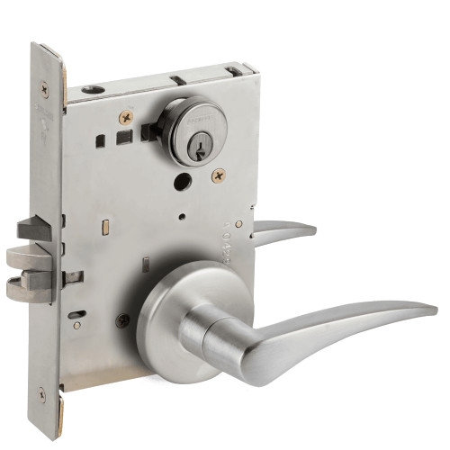 LV9070P-12B-630-LH-RX Schlage L Series Vandlgard - Classroom Commercial - Request to Exit Mortise Lock with 12 Cast Lever Design in Satin Stainless Steel