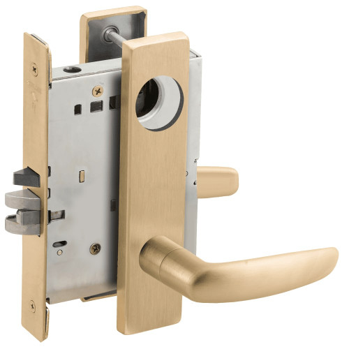 LV9070L-07L-606-RX Schlage L Series Vandlgard - Less Cylinder Classroom Commercial - Request to Exit Mortise Lock with 07 Cast Lever Design in Satin Brass