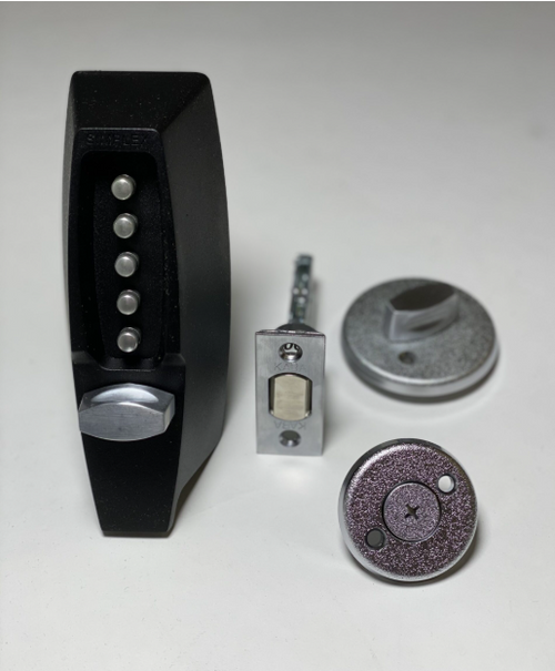 Simplex 7108 pushbutton keyless deadbolt lock in Black finish — lockset, latch, cylinder, and back plate.