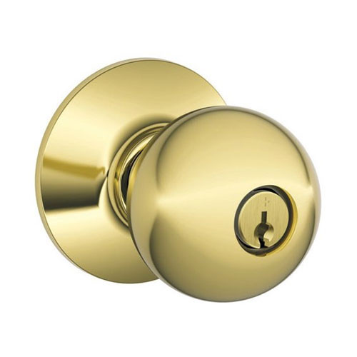 F51A-ORB-605 Schlage F Series - Knob Orbit Style with Keyed Entrance Lock Function in Bright Brass