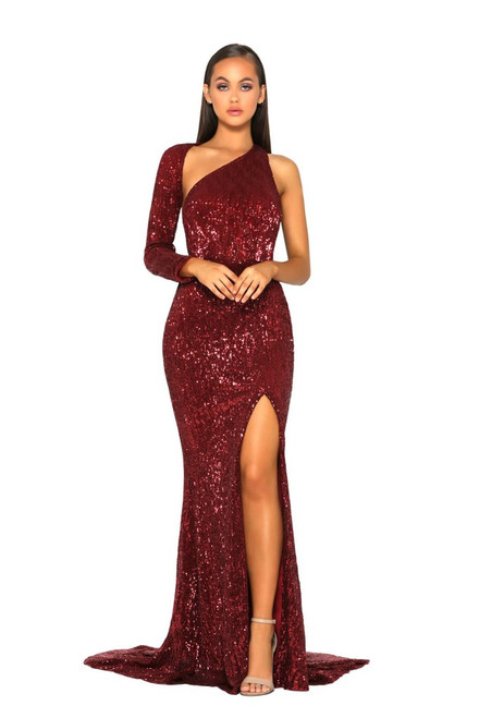 PS2045 In RED, One Shoulder Stretch Sequin gown by Portia and Scarlett