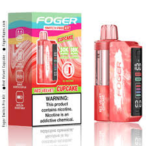 Foger Switch Pro Kit 30K Puffs Red Velvet Cupcake disposable vape with red velvet cake and frosting-inspired design.