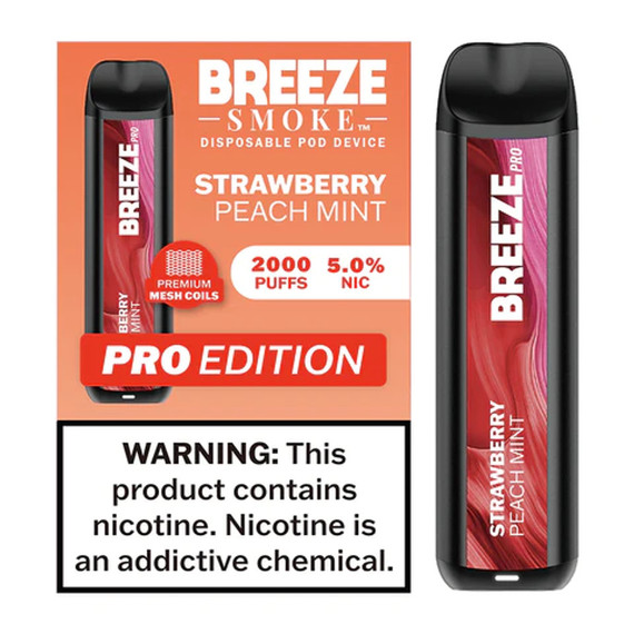 BREEZE SMOKE PRO 5% DISPOSABLE VAPE 6ML 2000 PUFFS (STRAWBERRY PEACH MINT - FLAVOR)